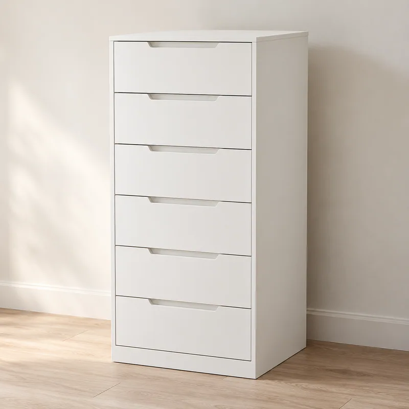 AI-generated unbranded dresser concept; not the actual STORKLINTA tall 6-drawer